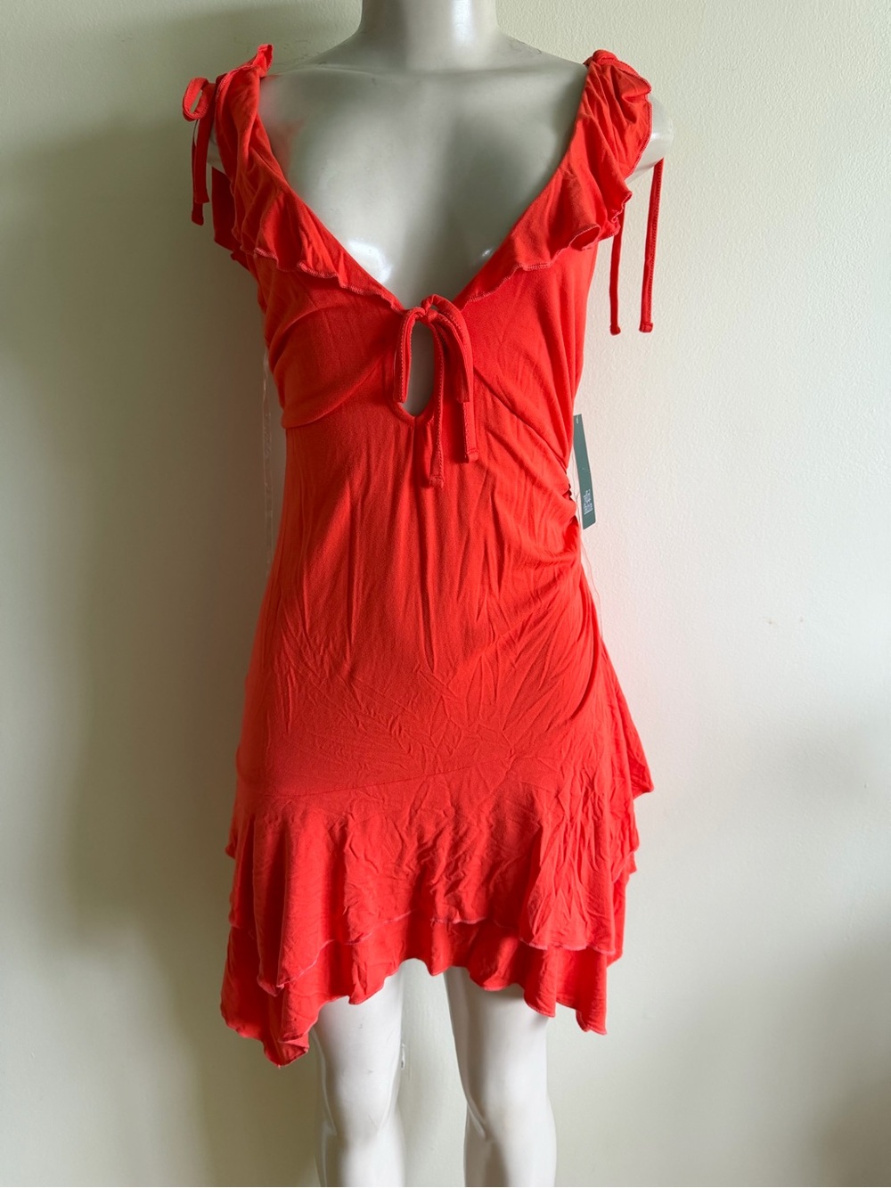 Bright Red Tie-Front Ruffled Mini Dress - Picture 2 of 11